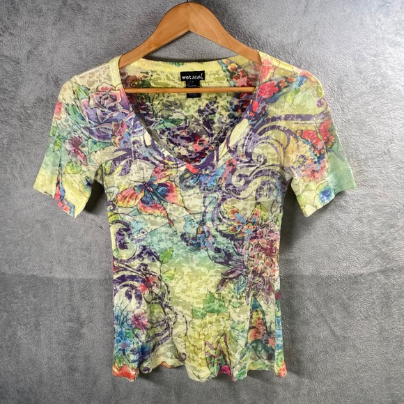 Y2k Wet Seal Baby Tee Large Floral Butterfly Print Top Festival Fairy Grunge - Picture 1 of 7